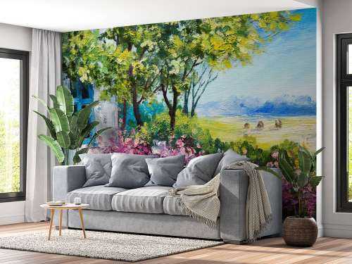Uitzicht vanaf een tuin schilderij