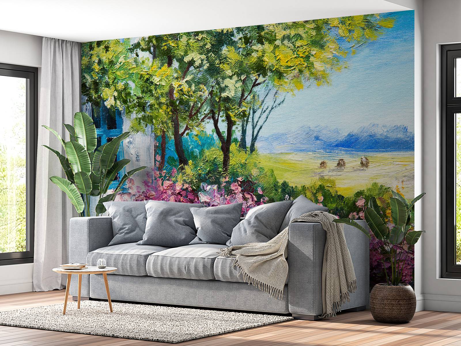 Uitzicht vanaf een tuin schilderij