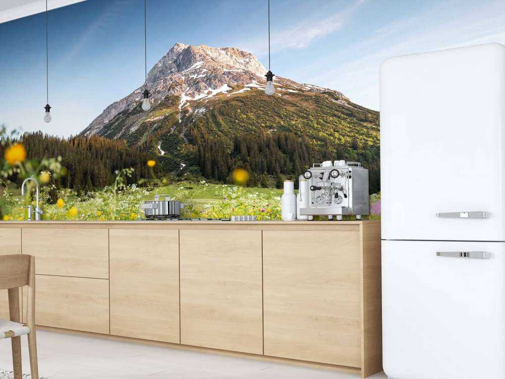 Bergtop boven bloemenweide