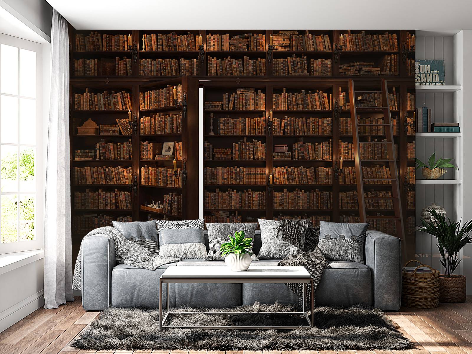 Poster Geheime Deur In De Boekenkast. Mysterieuze Bibliotheek Met Kaarsverlichting Met Vintage Spullen