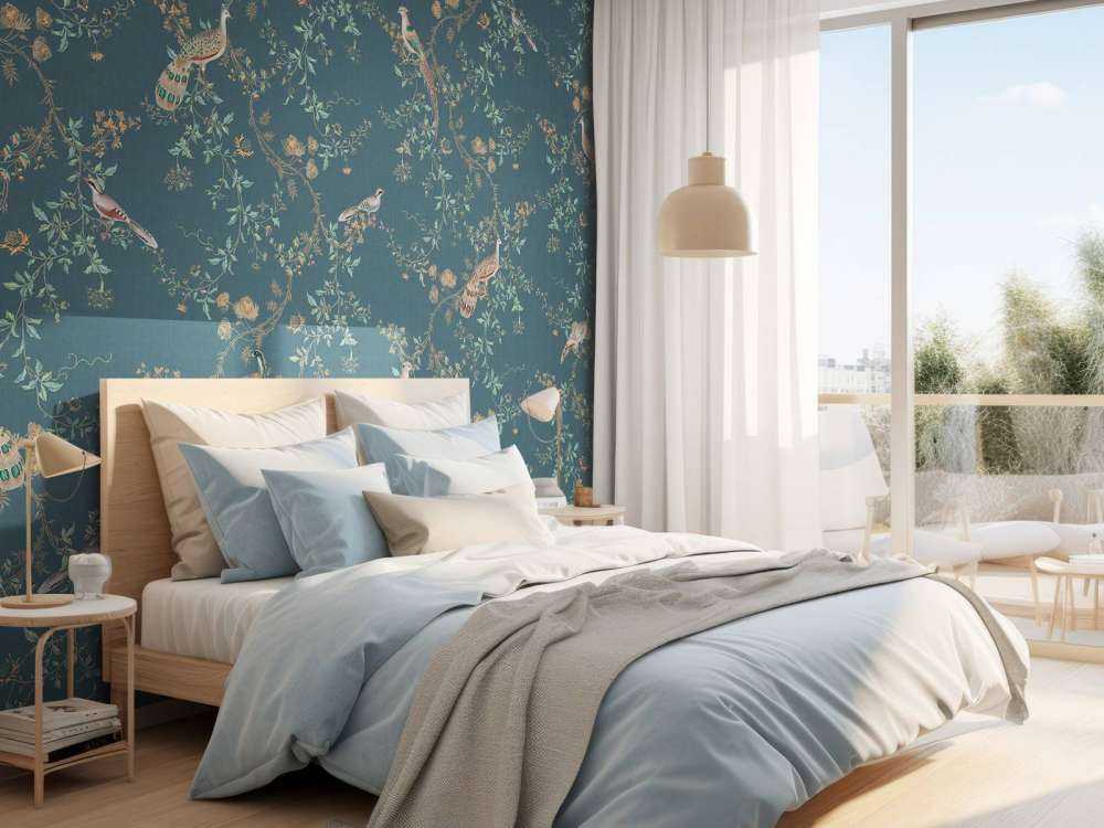 Fazanten in nachtblauwe bloemenweelde