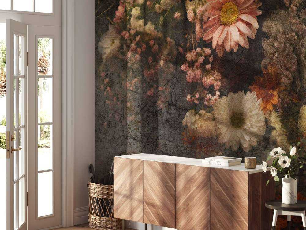 Bloemenveld in verouderde olieverf