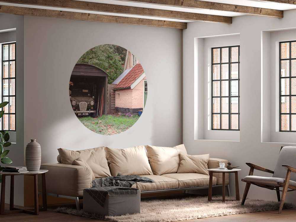 Classic car in garage of old house