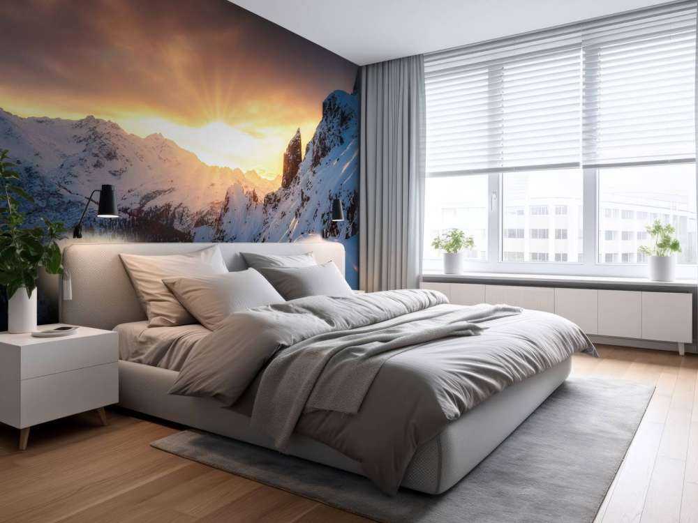 Avondzon achter besneeuwde bergtoppen