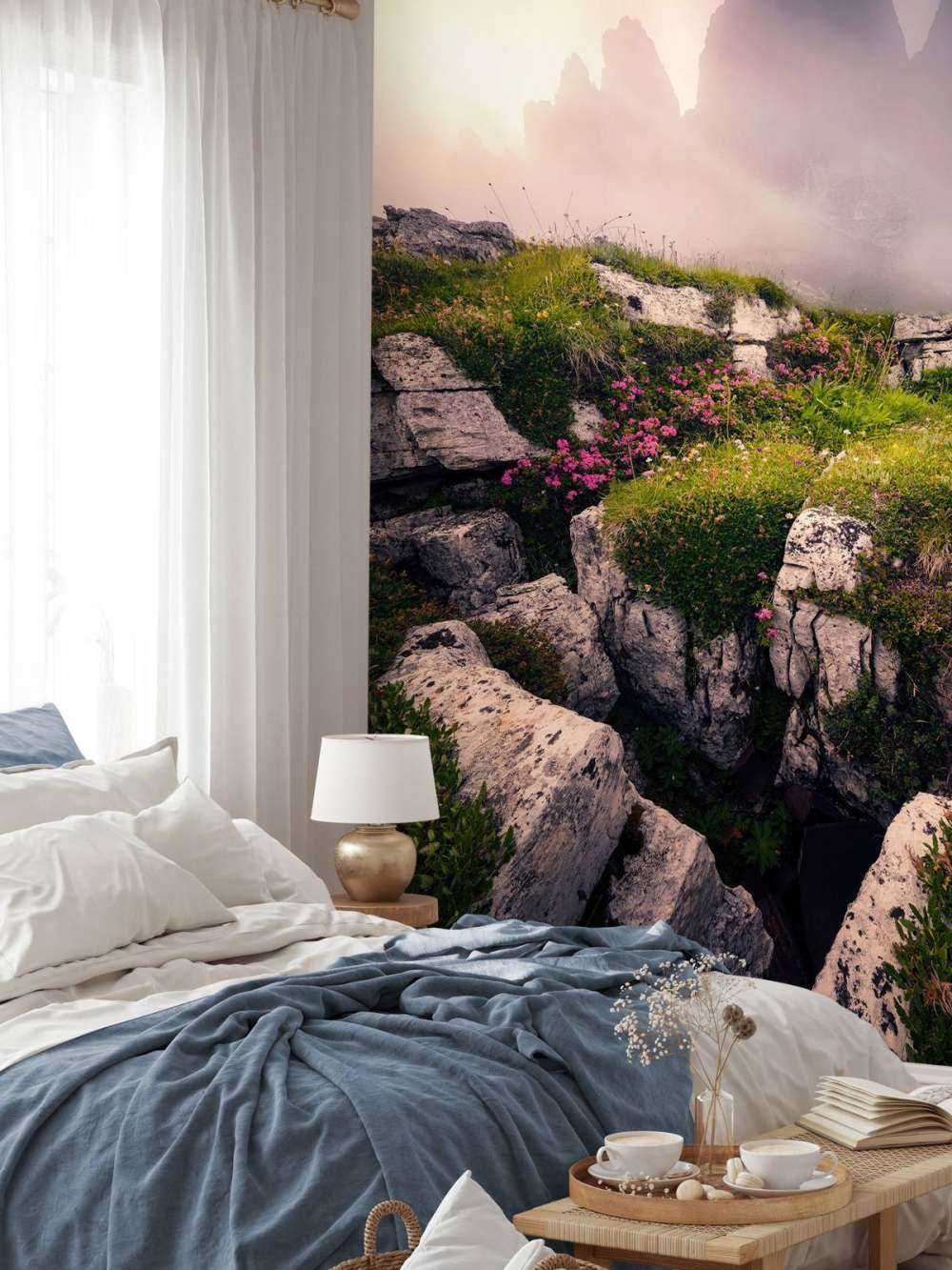 Nevelige Bergtoppen en Alpenbloemen