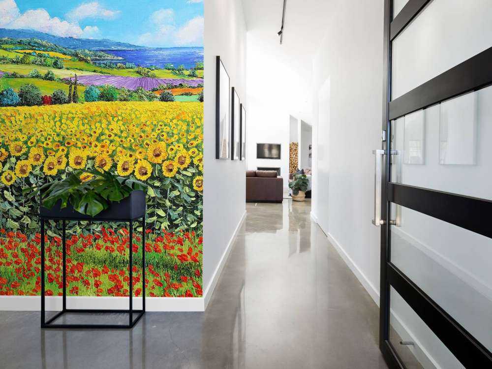 sunflowers, lavender, and sea