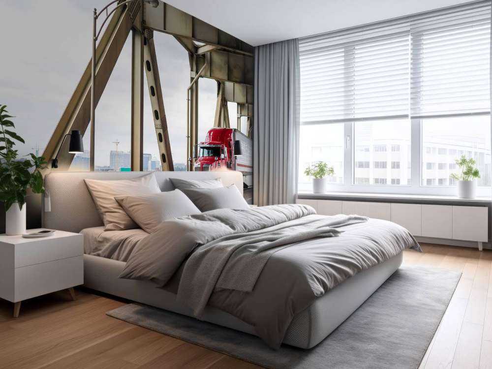 Rode Amerikaanse vrachtwagen op een brug