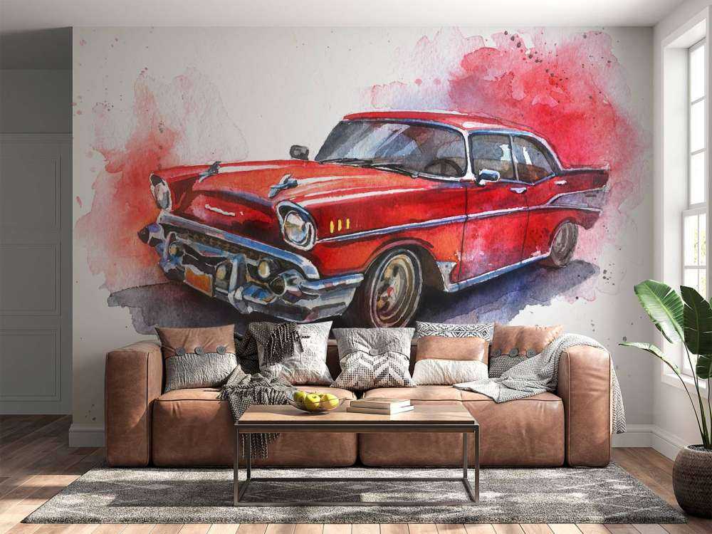 Aquarel van een rode ouderwetse auto