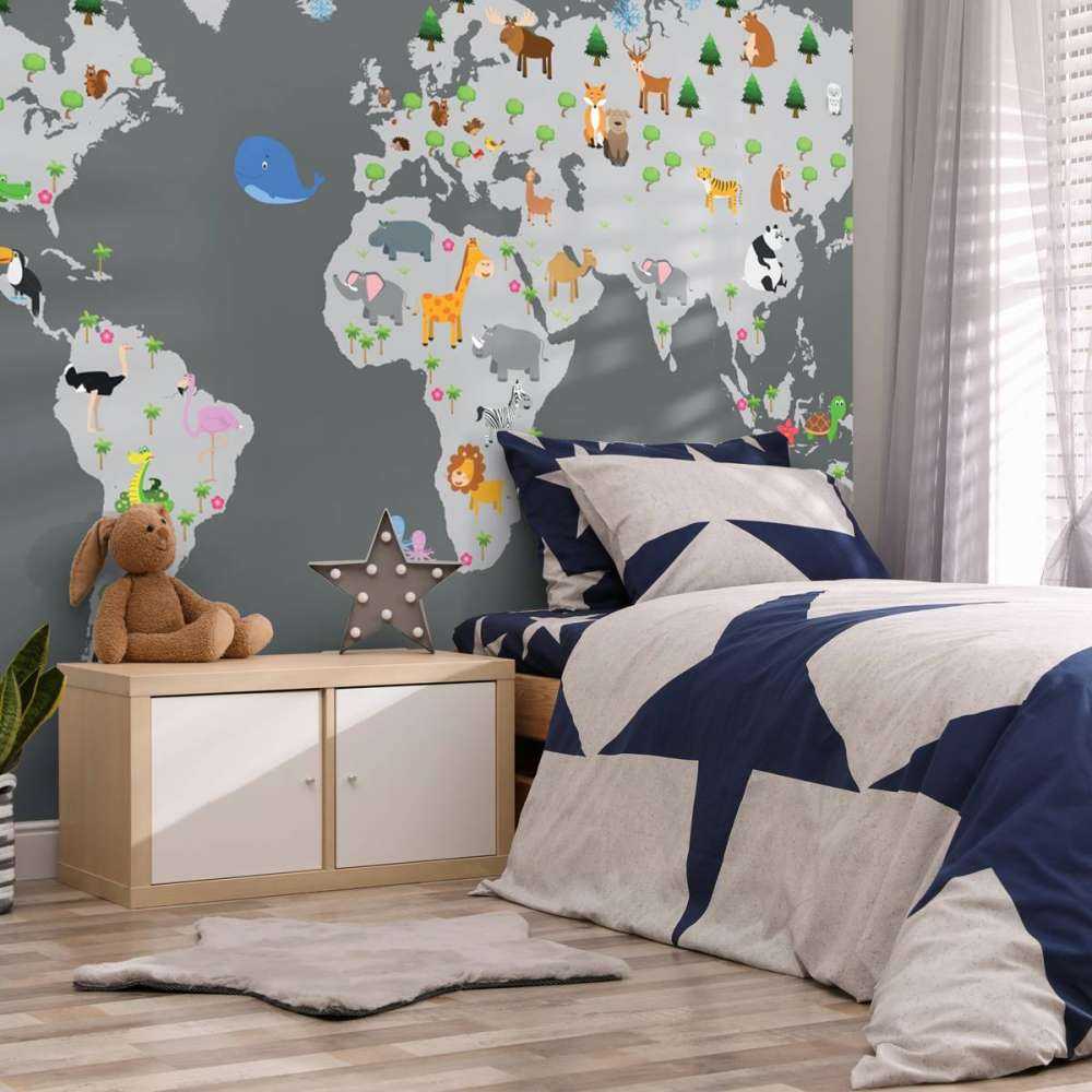 Wereldkaart voor kinderen met grijze achtergrond