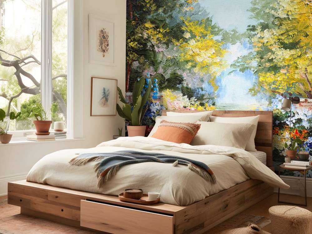 Olieverfschilderij van een parkje met bloemen