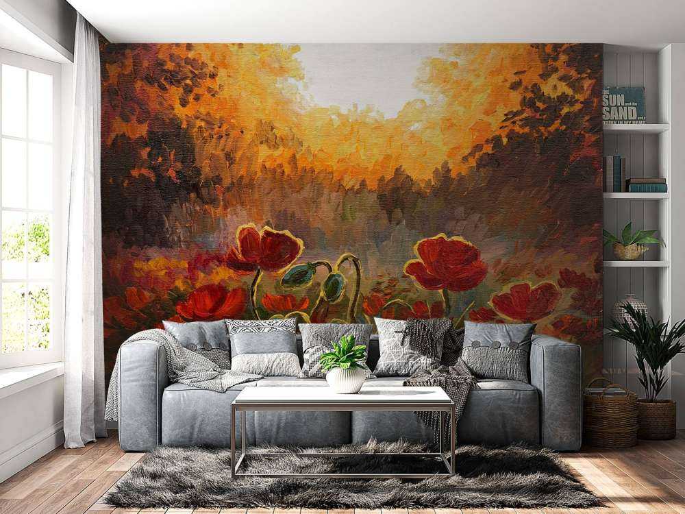 Olieverfschilderij van klaprozen bij zonsondergang