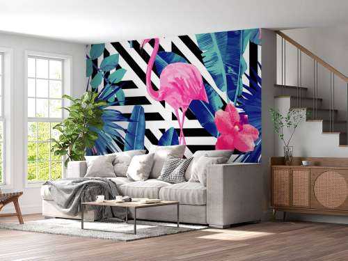 Flamingo print met witte en zwarte strepen