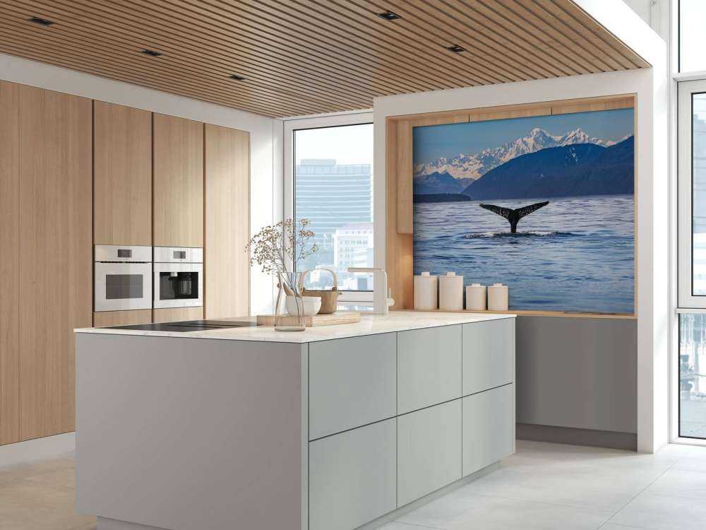 Duikende walvis met bergen op de achtergrond
