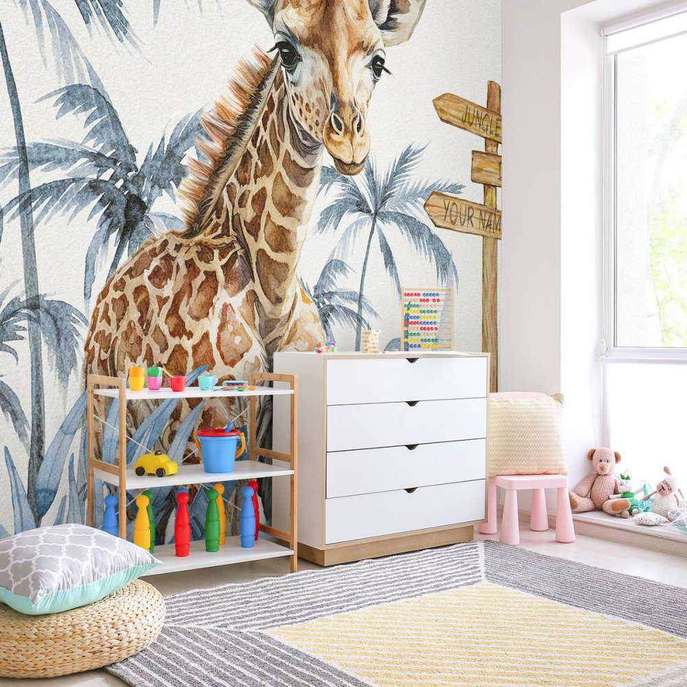 Baby giraffe in de jungle blauw
