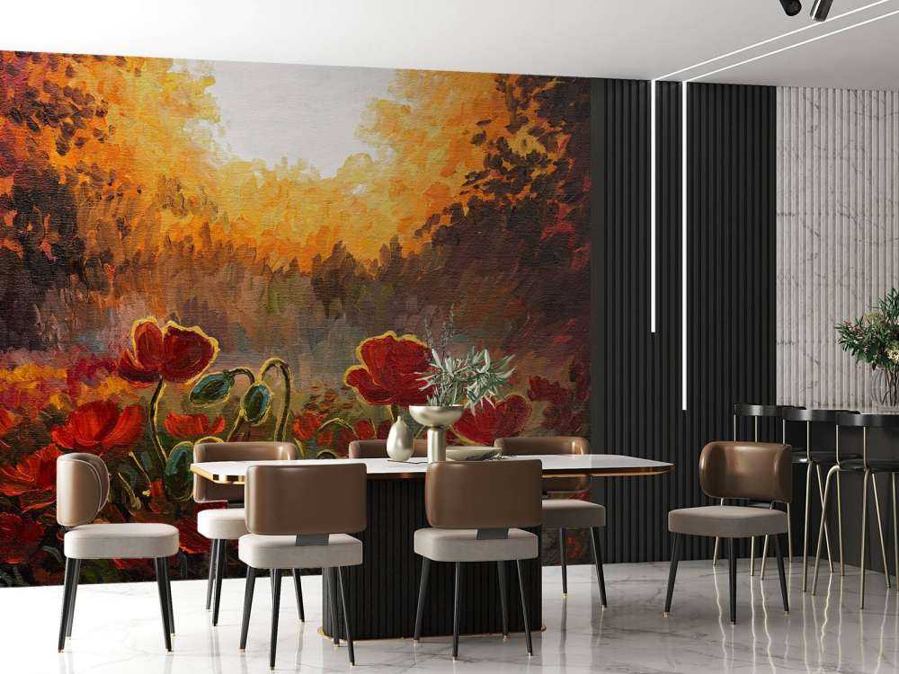 Olieverfschilderij van klaprozen bij zonsondergang