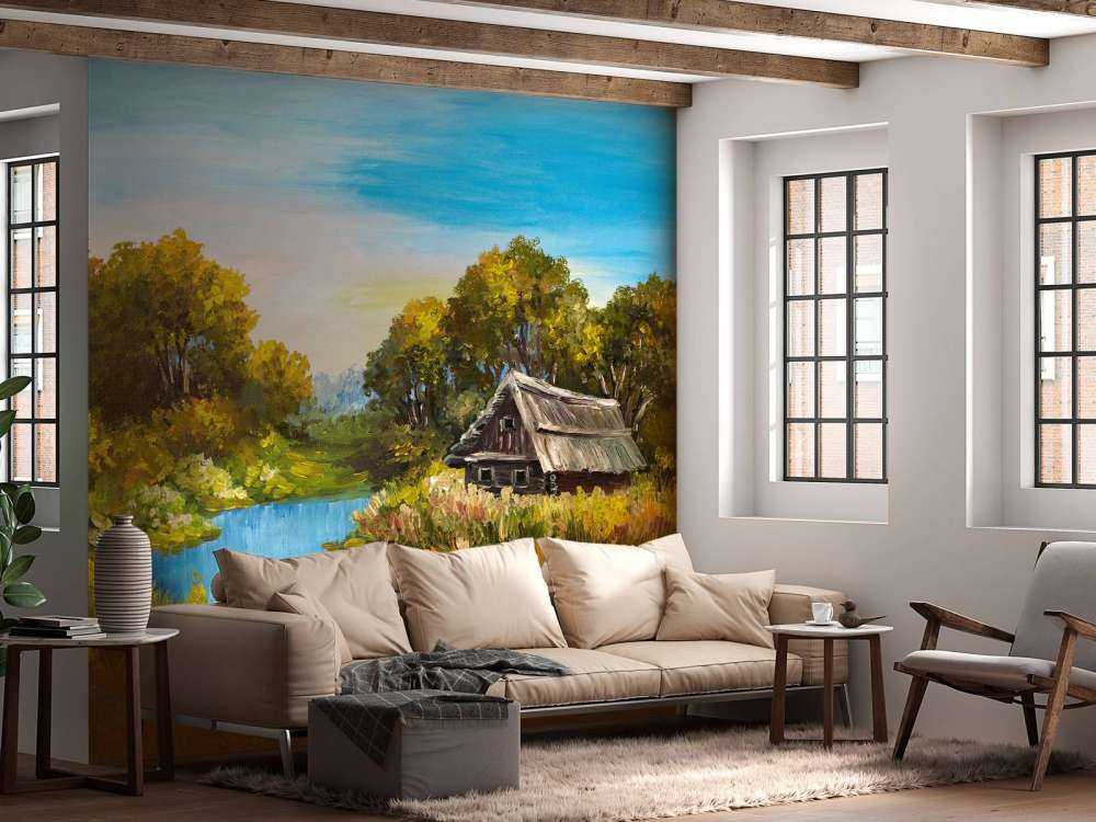 Boerderij aan een rivier schilderij