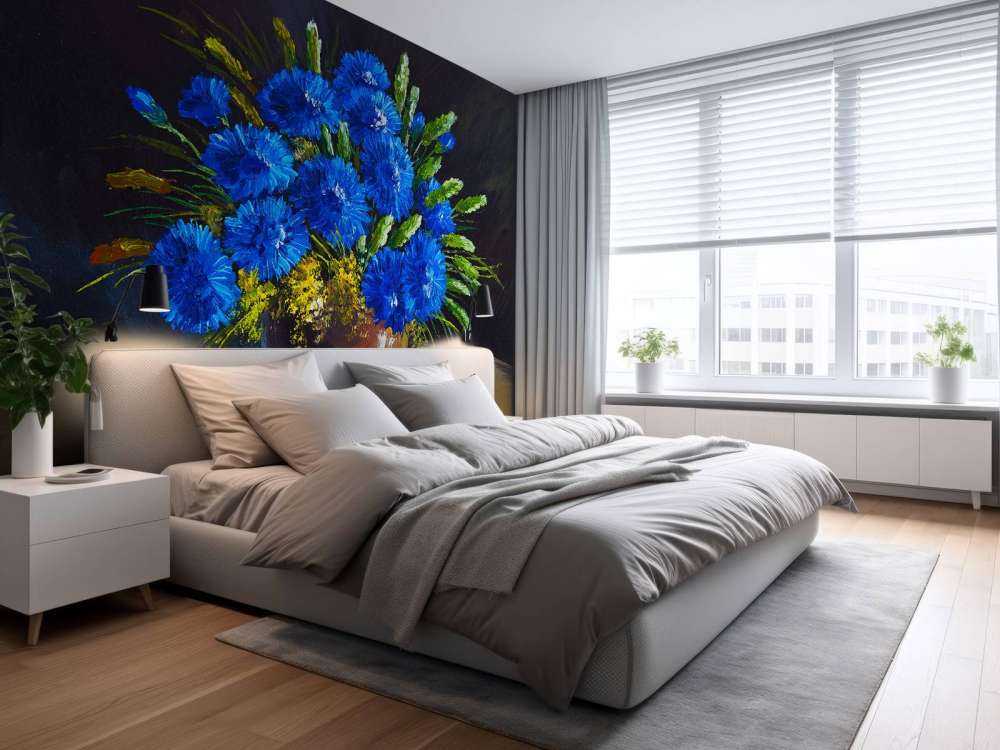 Stilleven van een vaas met blauwe bloemen