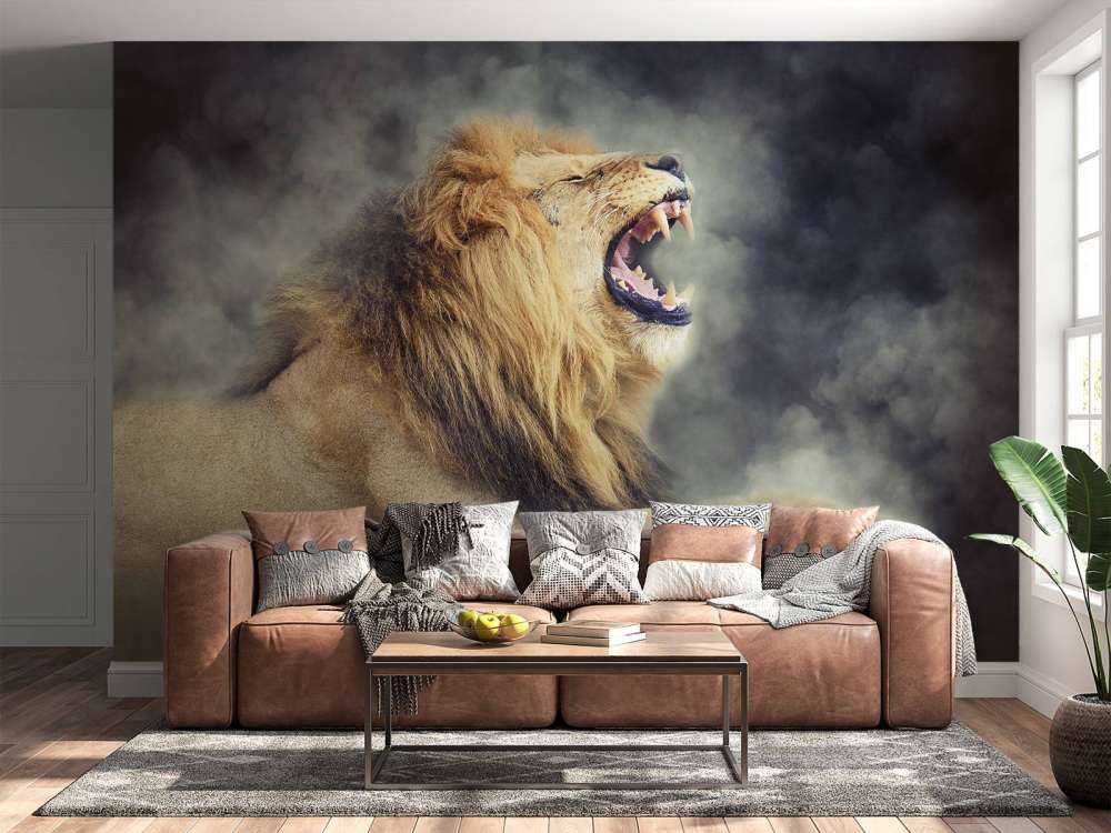 Leeuw in rook met een donkere achtergrond