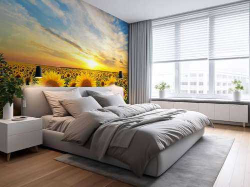Zonnebloemen bij zonsopkomst