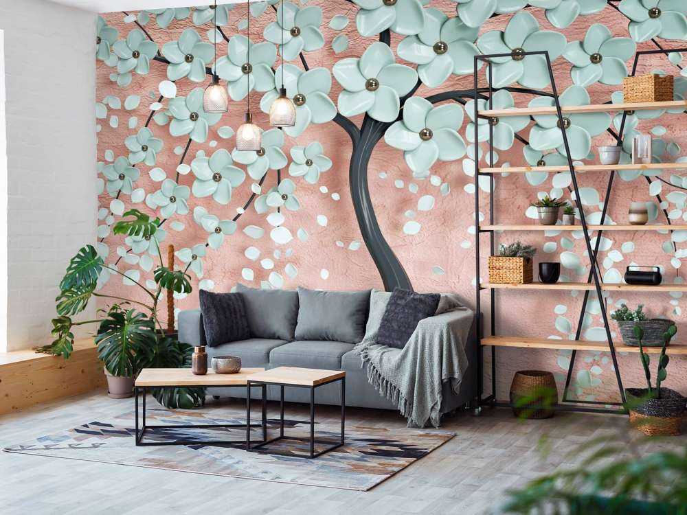 Zwarte fantasieboom met mintkleurige bloemen