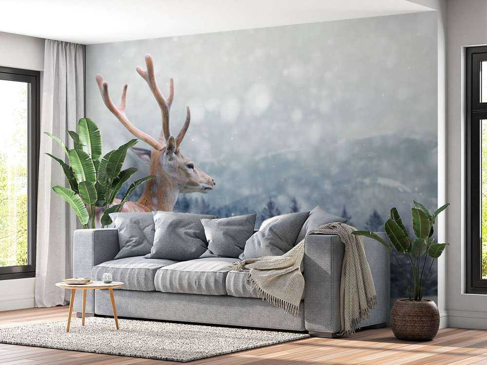 Winter Hert met Groen bos achtergrond