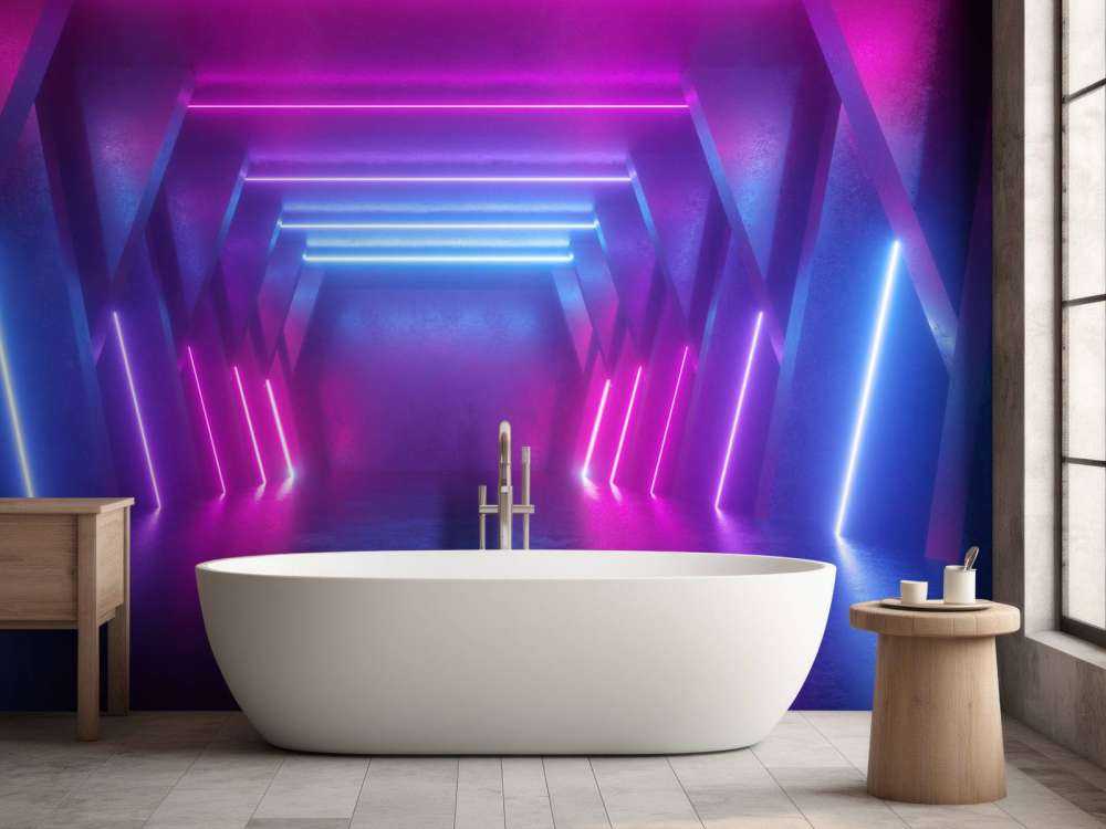 Neon verlichte ruimte met balken