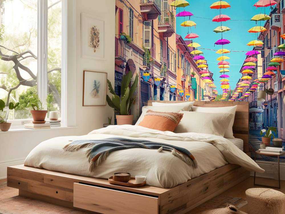 Vrolijke parasols boven zonnige straat