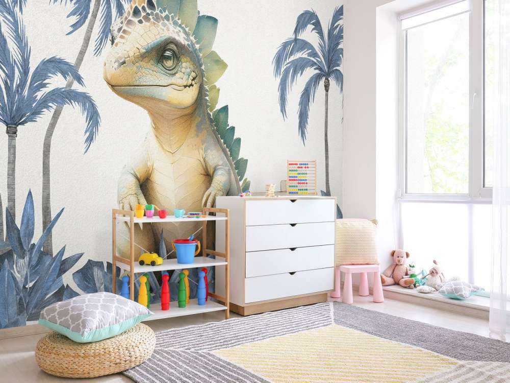 Baby stegosaurus in de jungle blauw