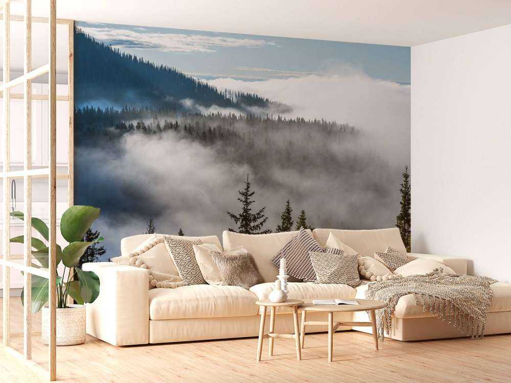 Mistig bos in de bergen