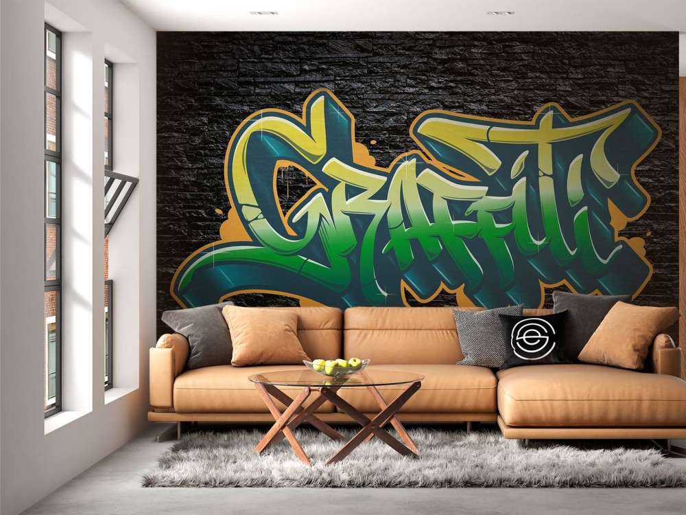 Graffiti op muur van zwarte stenen