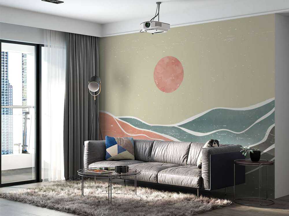 Gekleurde oceaangolven met een rode maan