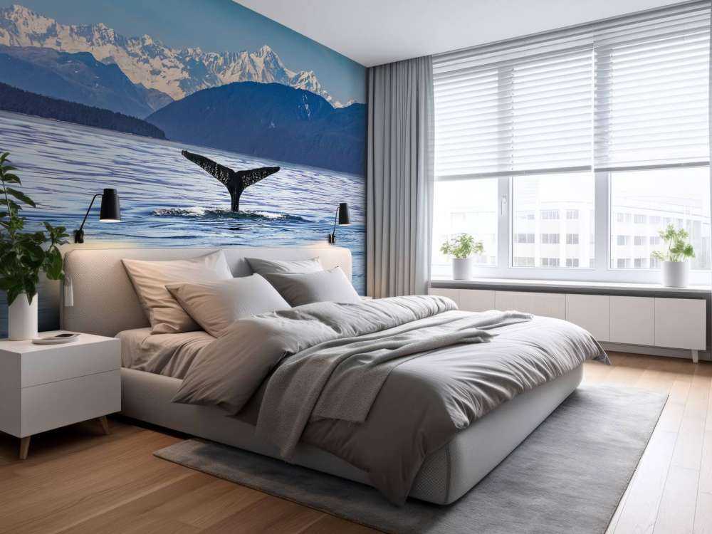 Duikende walvis met bergen op de achtergrond