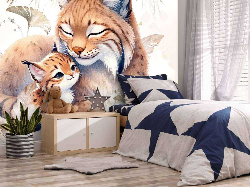 Liefdevolle lynx met jong