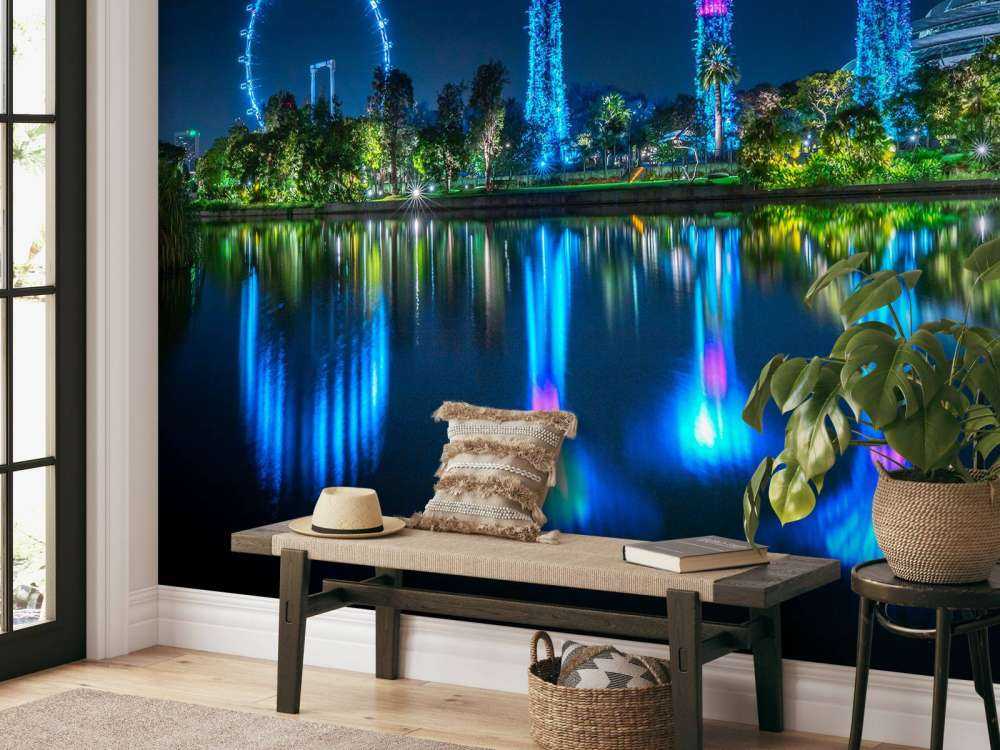 Futuristische lichtbomen aan water