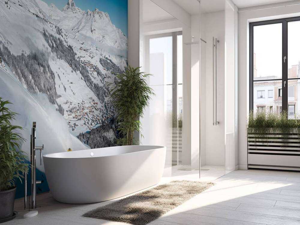 Afdaling boven alpendorp in sneeuw