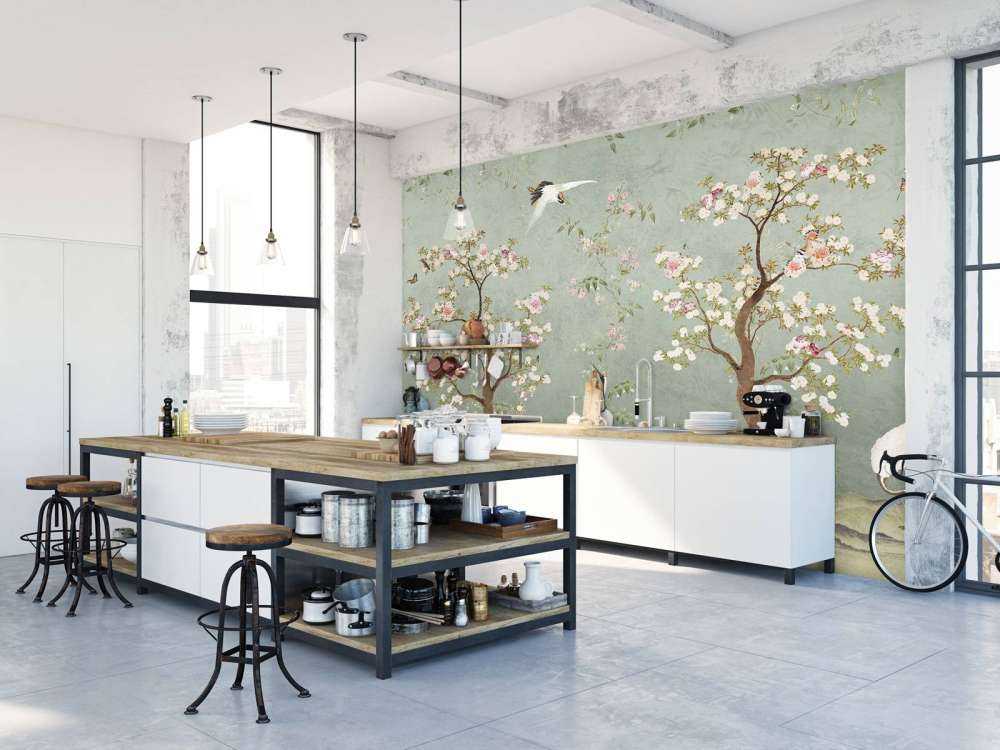 Bloesembomen met kraanvogels op jadegroen