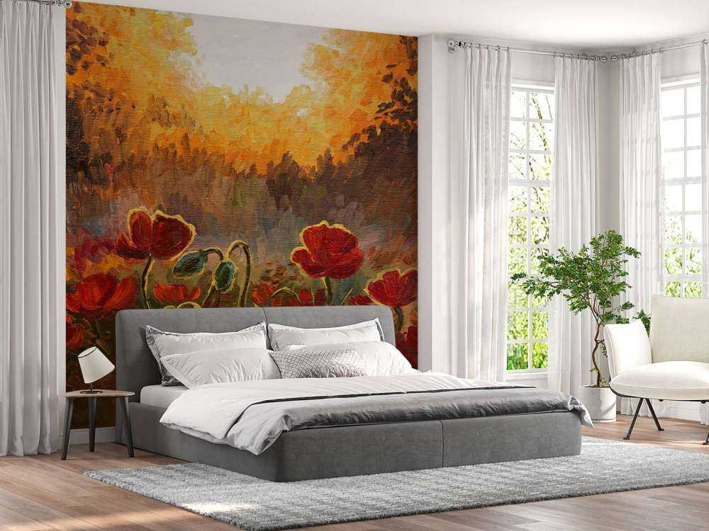 Olieverfschilderij van klaprozen bij zonsondergang