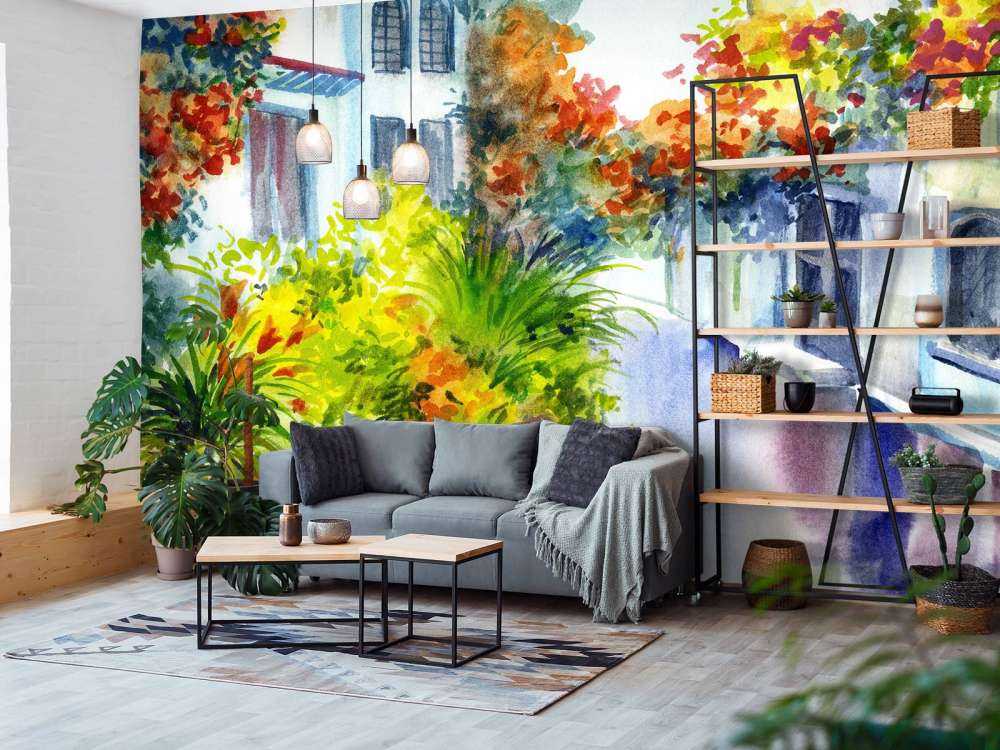 Waterverf bloemen en gebouwen