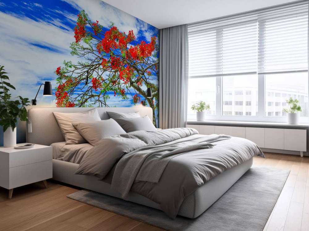 Rode flamboyant boom op het strand