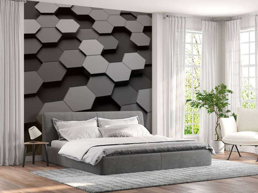 3D weergave van zeshoeken in zwart-wit