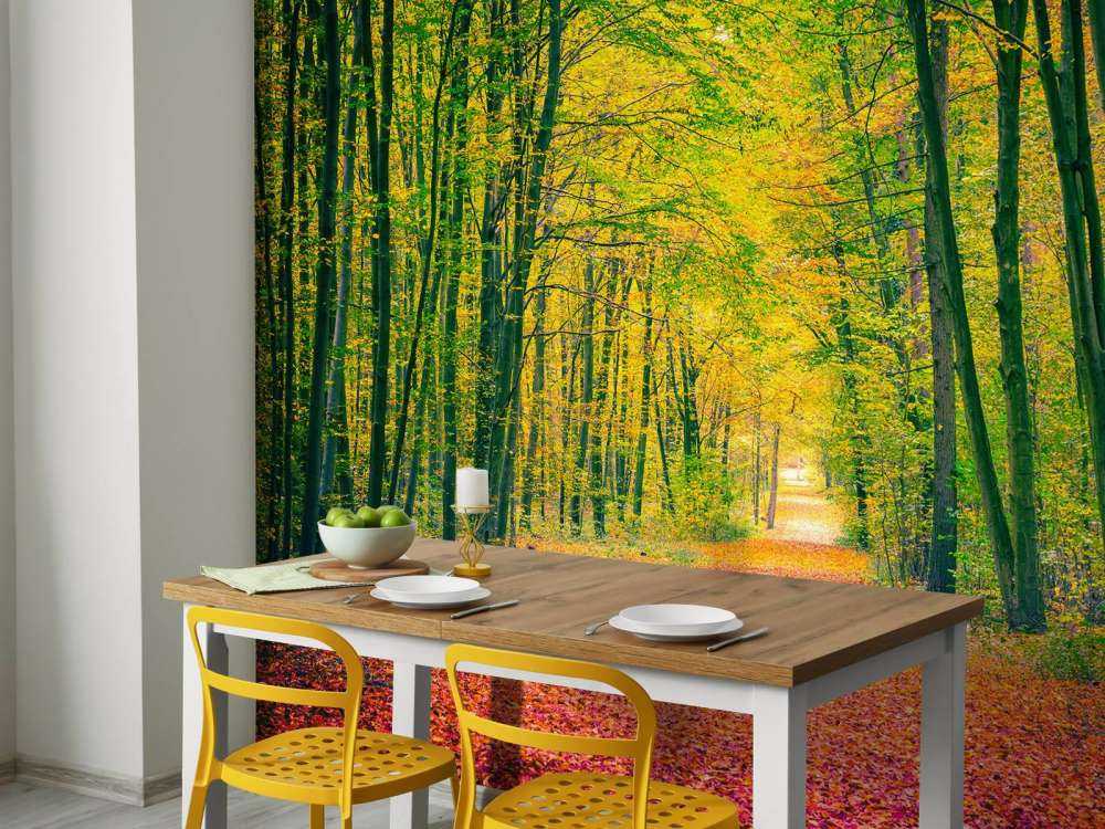 Een bosweg in de herfst