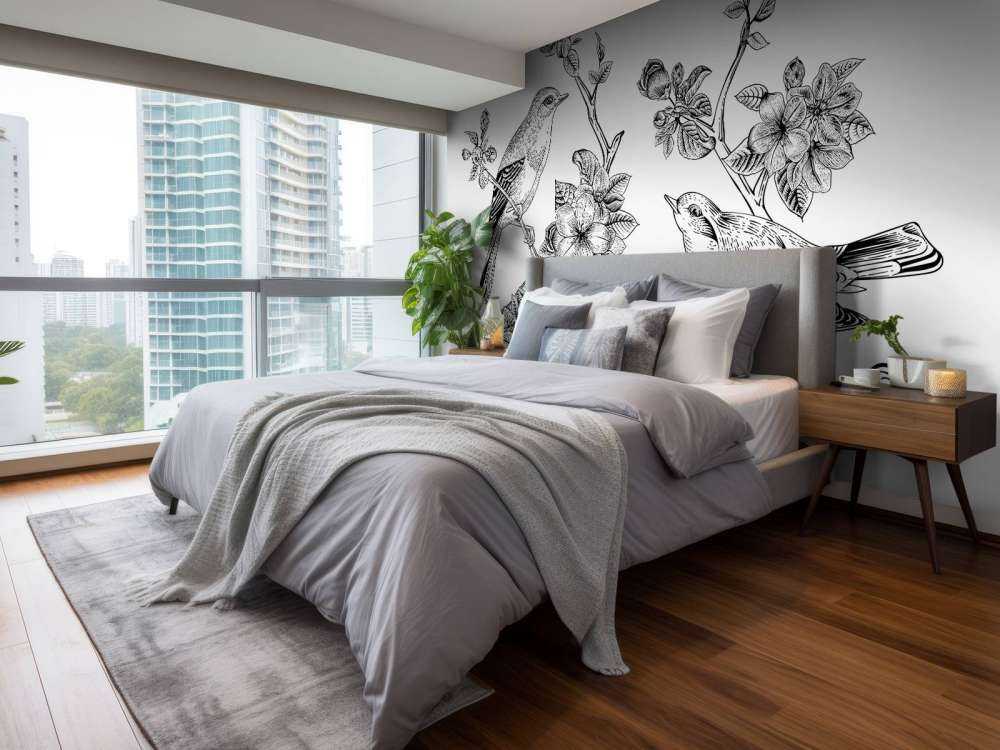 Tekening van vogels op een tak met appelbloesems