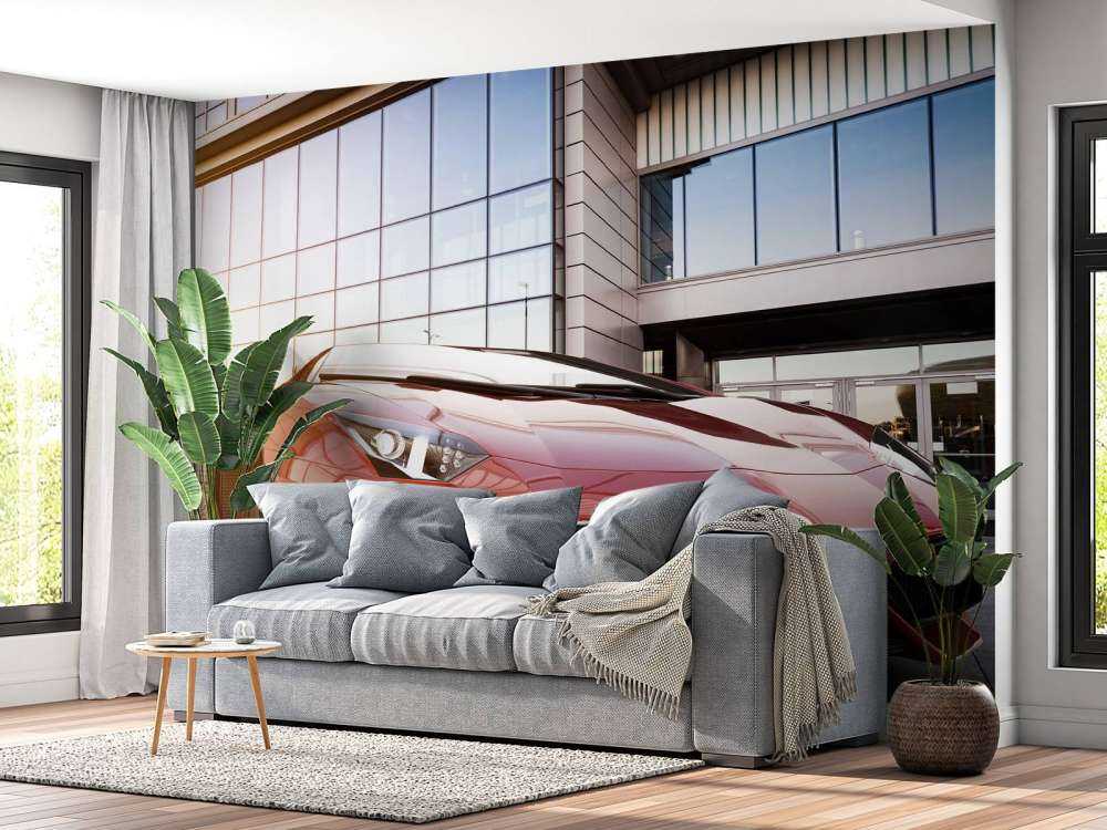 Rode sportwagen in een moderne stedelijke omgeving