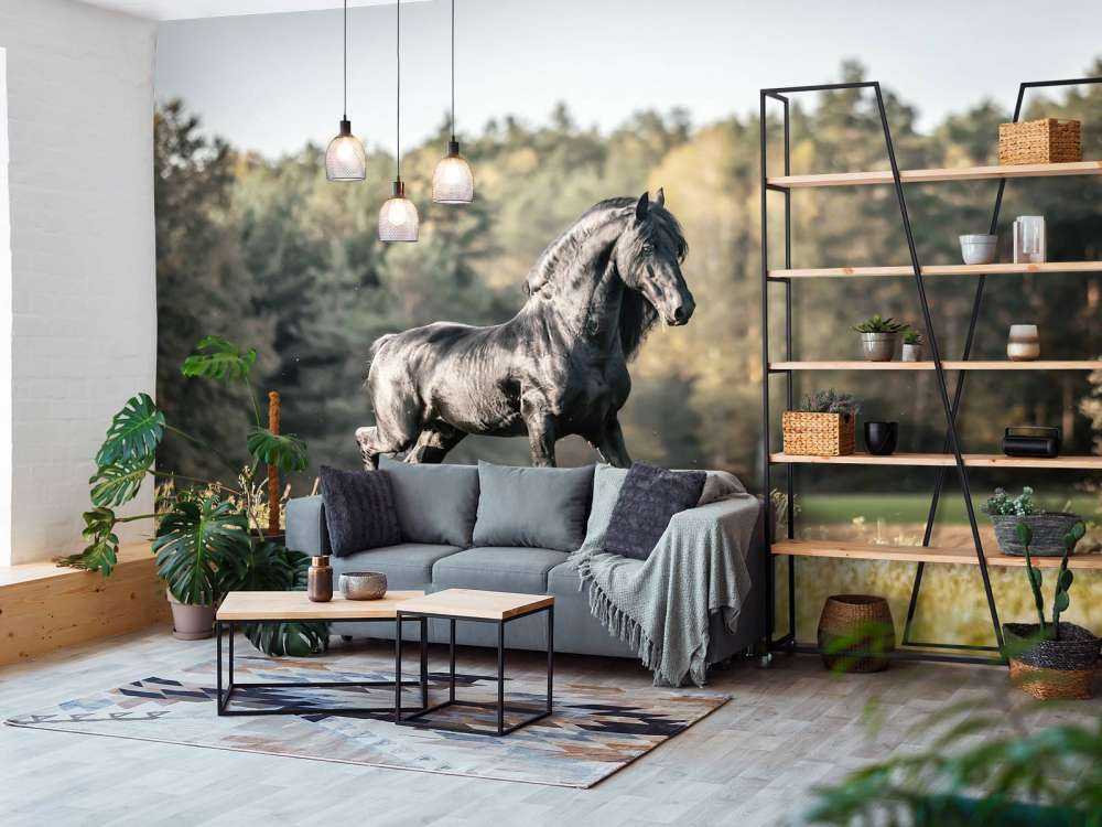 Fries Paard op het gras omringd door bomen