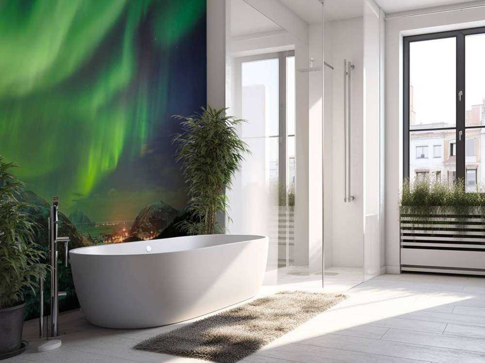 Verlichte stad door het Noorderlicht