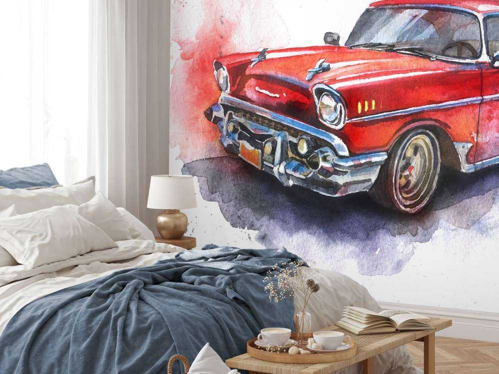 Aquarel van een rode ouderwetse auto