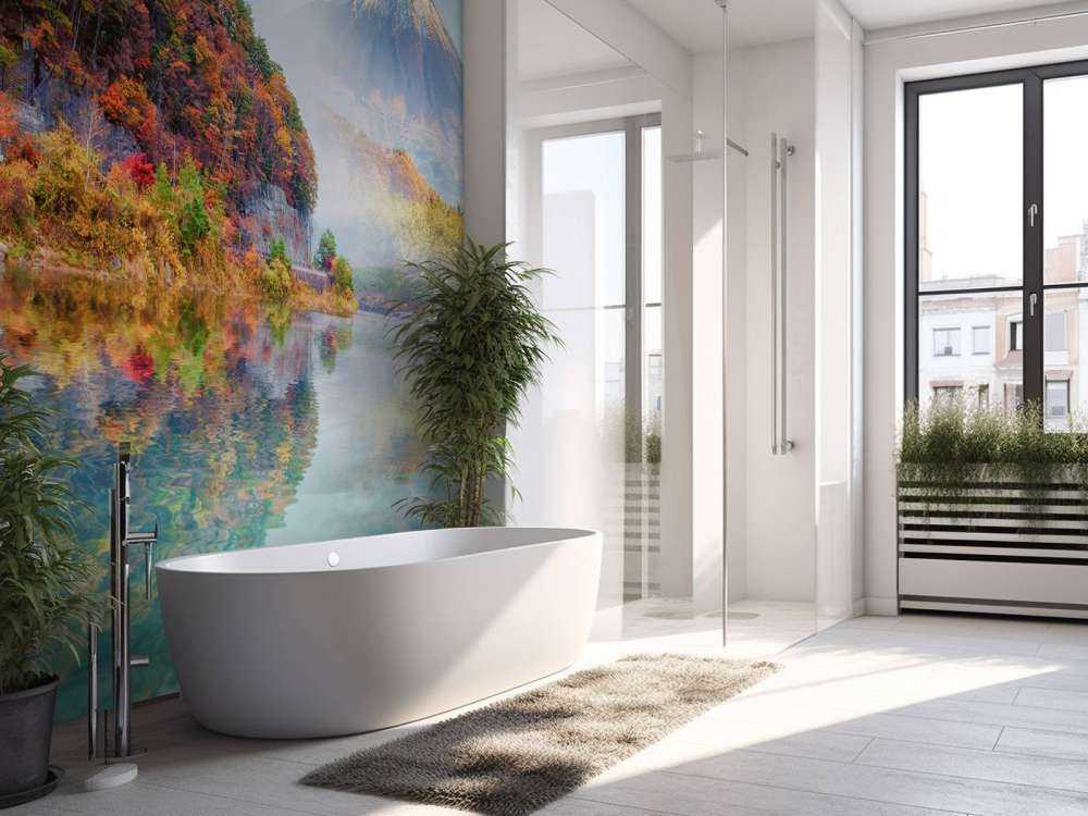 Helder blauw meer met een vulkaan op de achtergrond