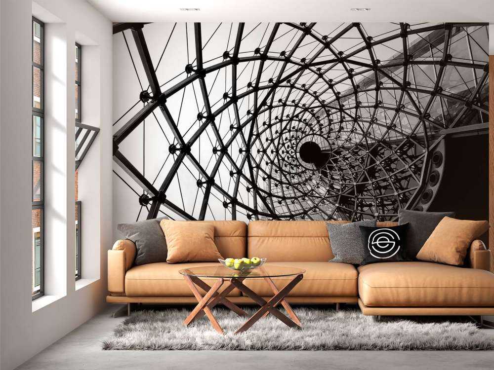 Spiraalvormige architectuur in zwart-wit