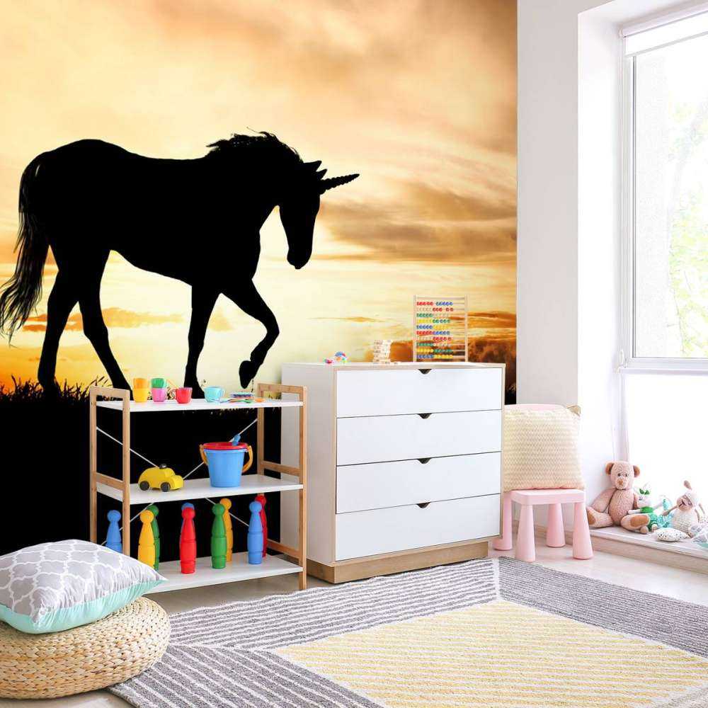 Unicorn silhouette bij zonsondergang