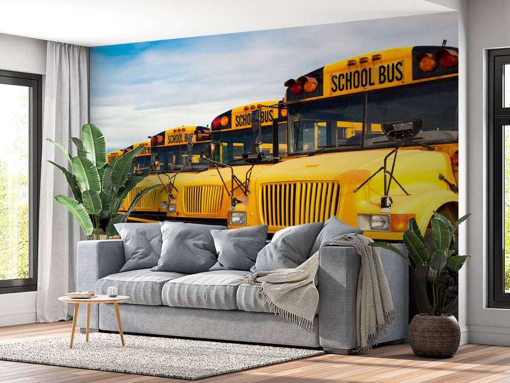 Rij met gele schoolbussen